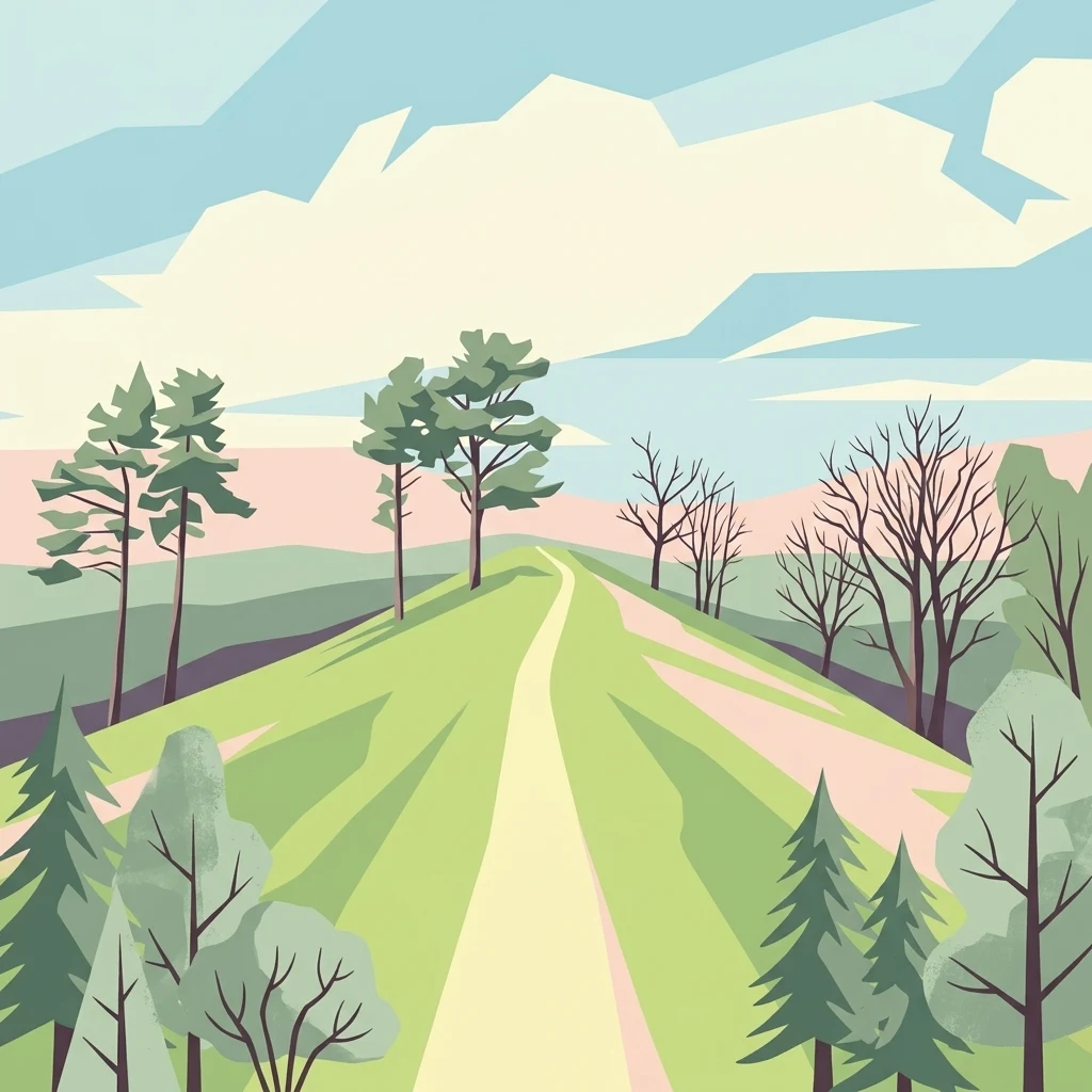 Una ilustración digital estilizada que muestra un sendero de color claro serpenteando cuesta arriba entre praderas verdes y onduladas con árboles dispersos y un cielo suave de colores pastel.