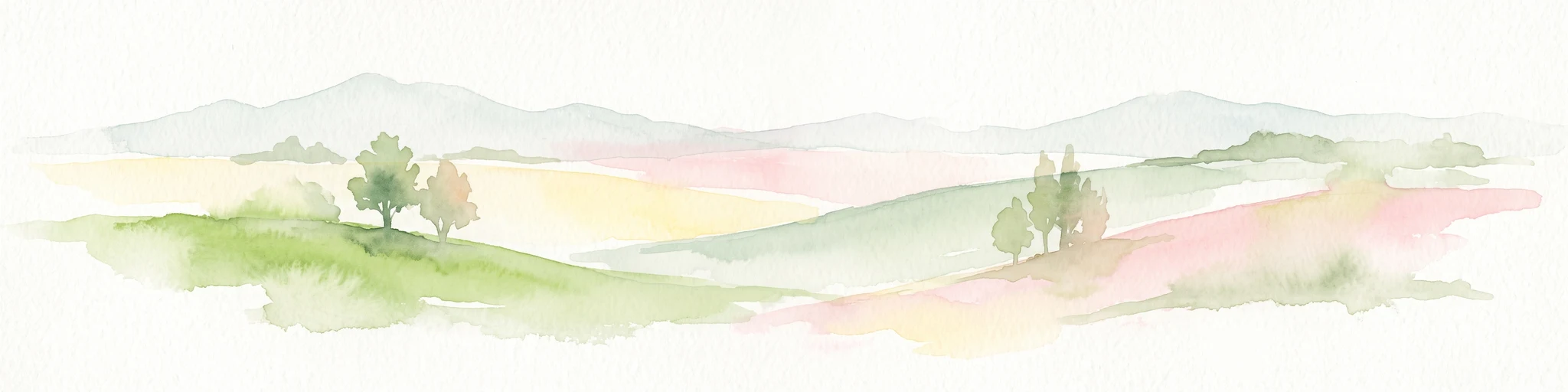 Watercolor illustration of rolling green and pink-tinted hills with scattered small trees against a white background.
