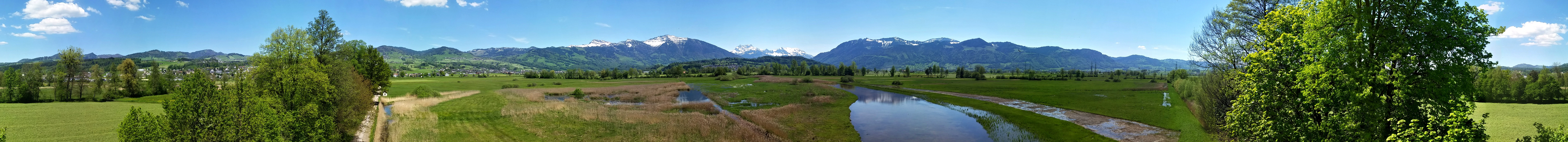 A wide panoramic landscape shot of the Kaltbrunner Riet nature reserve, showing green fields, a winding stream, trees, and distant mountains under a blue sky.