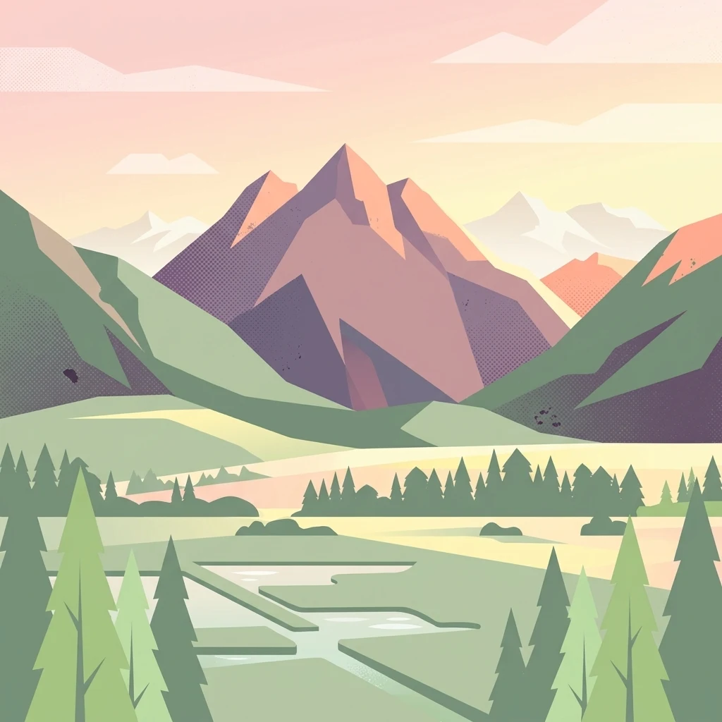 A minimalist flat illustration showing a landscape with mountains in the background, a forest line in the midground, and wetlands in the foreground.