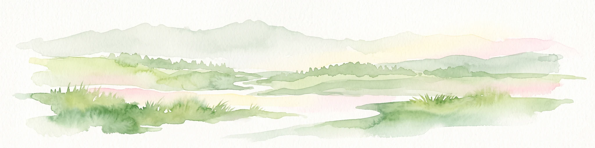 A soft watercolor painting of a wetland landscape with rolling hills, grassy plains, and gentle water channels in muted green and pink tones.