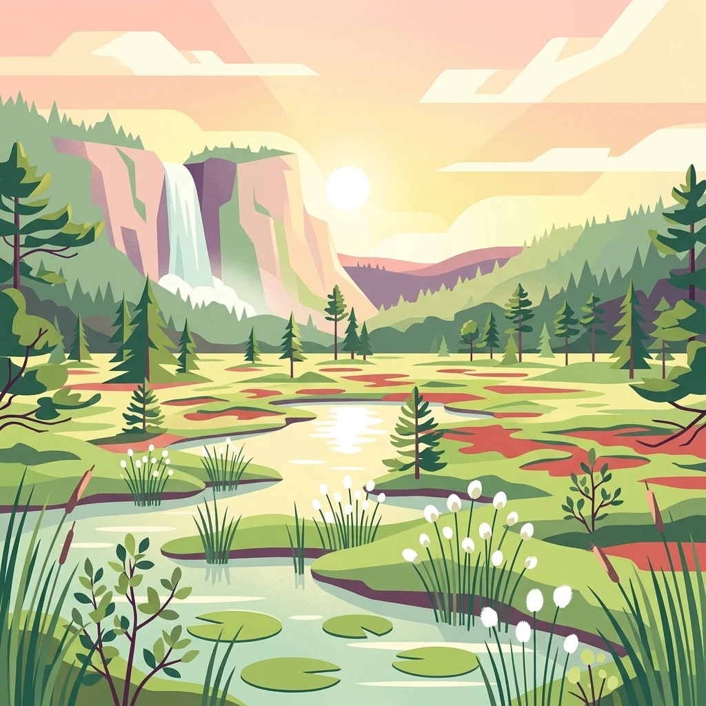 Una ilustración de una marisma con pequeñas lagunas, pinos dispersos y algodoncillo en primer plano, con una cascada y acantilados en la distancia bajo un cálido cielo al atardecer.