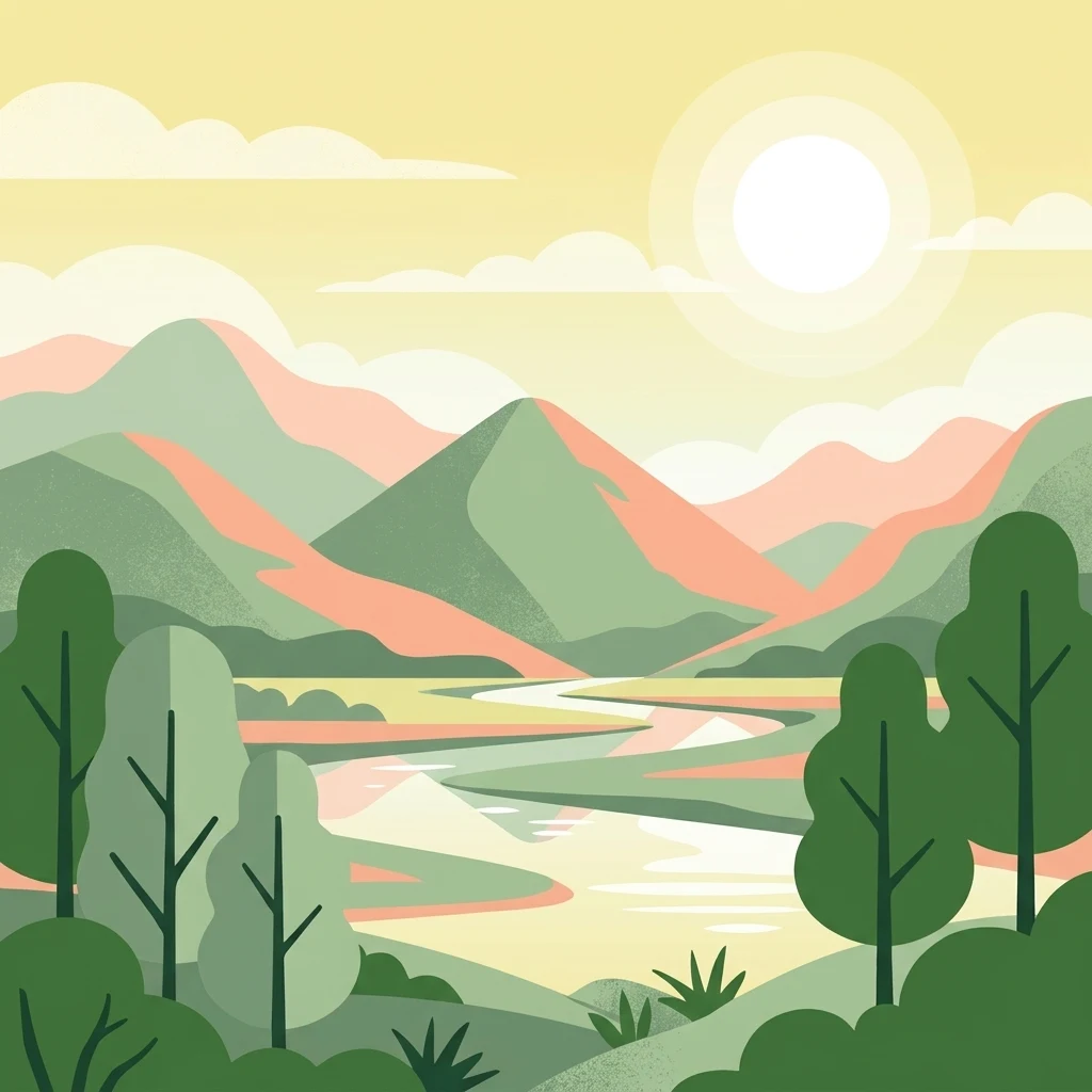 A flat-style digital illustration of a serene landscape featuring a winding river in a valley, framed by rolling green and peach-colored mountains under a sunlit sky with soft clouds.