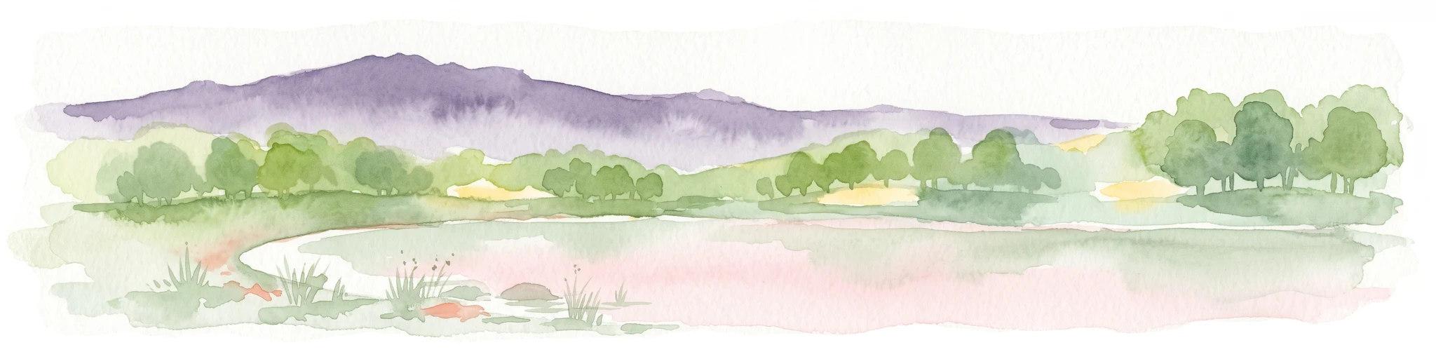 A horizontal watercolor painting depicting a landscape with a foreground pond, rolling hills covered in sparse forest, and distant purple-toned mountains under a white sky.