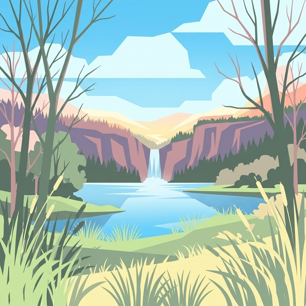 Una ilustración gráfica que muestra un estanque con una cascada en la distancia, enmarcado por árboles desnudos y hierbas altas en primer plano.