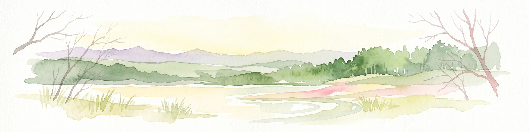 A watercolor painting showing a soft, peaceful landscape with bare trees in the foreground, green trees in the midground, and distant hills under a pale sky.