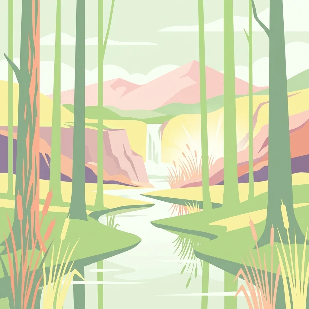 Ilustración digital estilizada de un río tranquilo que fluye a través de un bosque de árboles altos y delgados con plantas de marisma en primer plano y montañas al fondo, representado en una paleta de verdes apagados, amarillos y rosas.