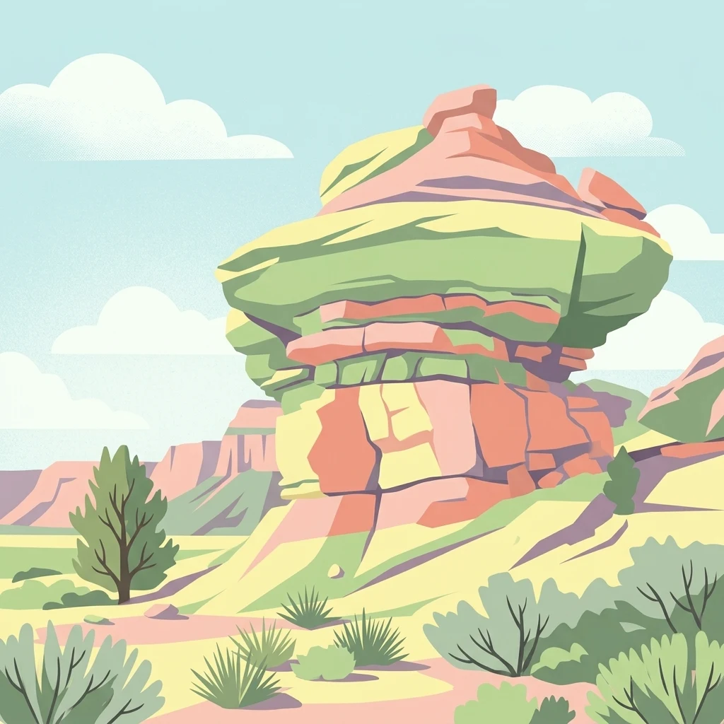 A flat style digital illustration of a layered desert rock formation in a canyon landscape, surrounded by desert shrubs and small trees under a blue sky with soft white clouds.
