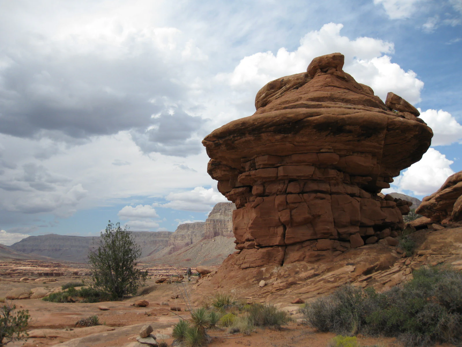 A large red sandstone rock formation stands in the foreground, with distant canyon walls and a cloudy sky in the background.