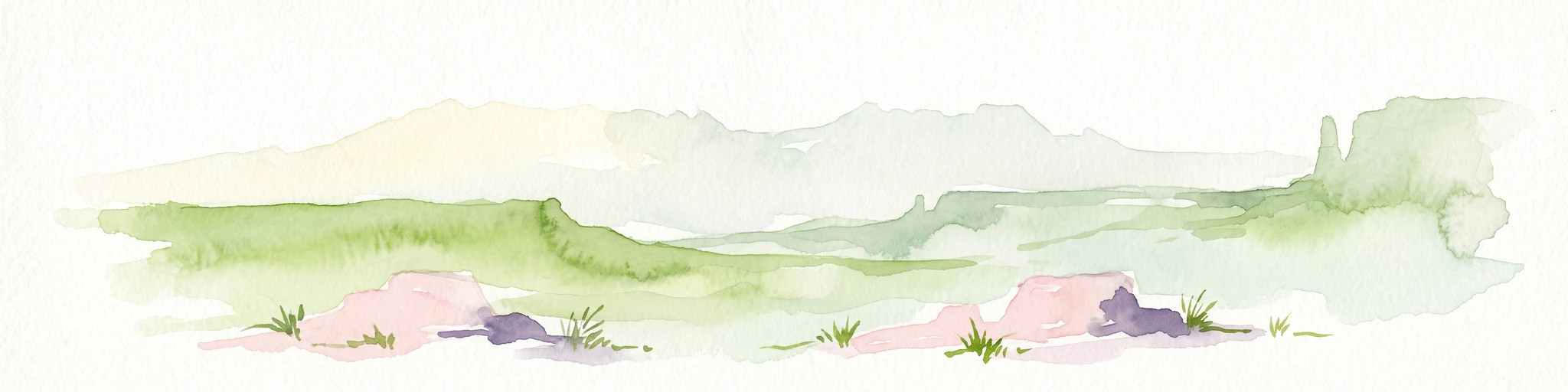 A minimalist watercolor painting depicting a pale desert landscape with soft green hills and light reddish rock formations against a white background.