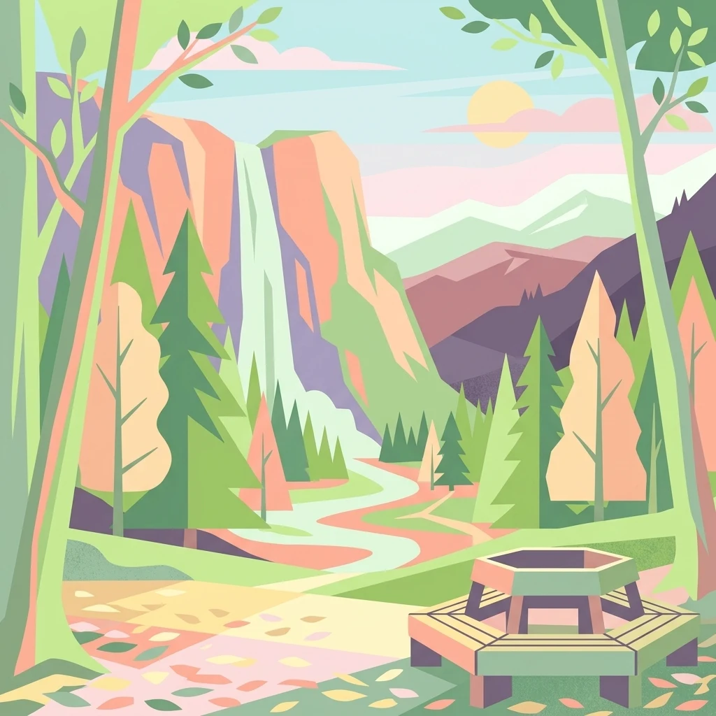A stylized vector illustration of a national park landscape featuring a waterfall in the distance, a winding river, a dense forest of evergreen and deciduous trees, and a wooden picnic table in the foreground.