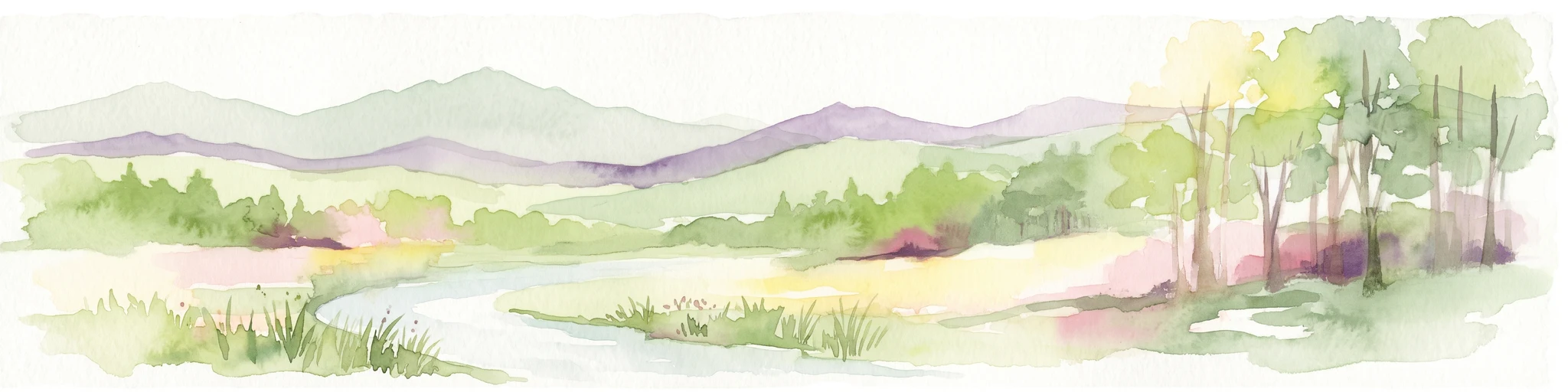 A watercolor painting showing a soft, panoramic landscape with rolling hills in the background, a small stream winding through a grassy foreground, and a cluster of trees on the right.