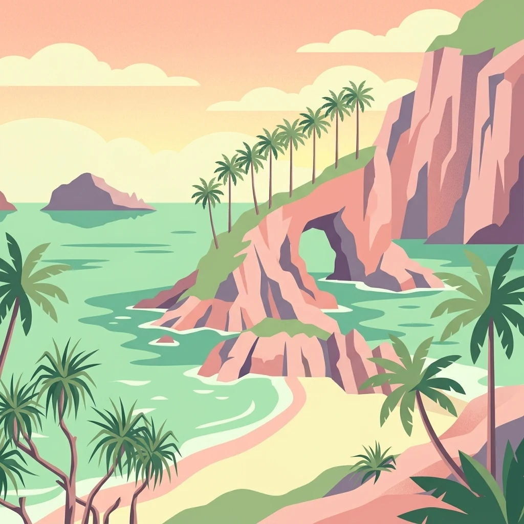 A colorful digital illustration showing a tropical island scene with a sandy beach, calm turquoise water, rocky cliffs with a natural arch, and palm trees under a warm sunset sky.