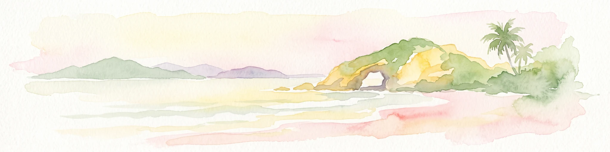 A soft-toned watercolor painting of a tropical island beach with a natural rock arch formation and palm trees.
