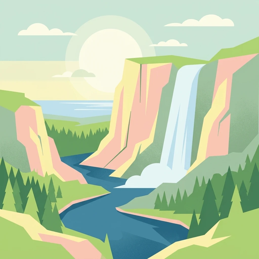 Digital vector-style illustration of a river winding through a deep canyon with a waterfall cascading from a cliff on the right, surrounded by pine forests.