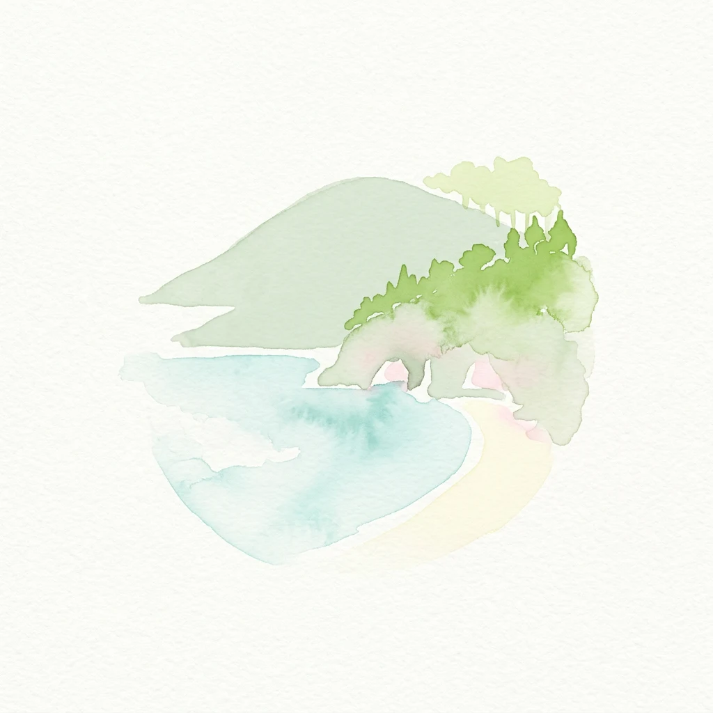 Ilustración en acuarela que muestra una montaña verde, agua azul, una playa arenosa y árboles