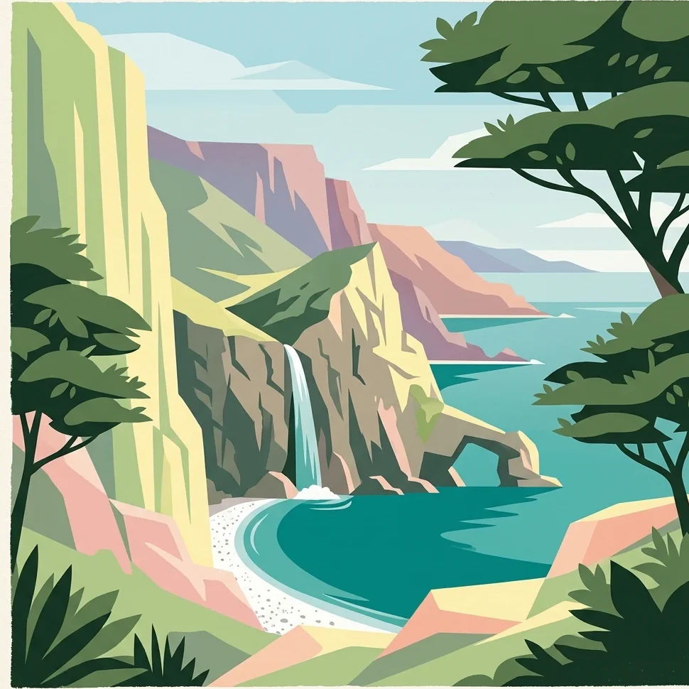 Stylized illustration of a coastal landscape with cliffs, waterfall, turquoise water, and trees