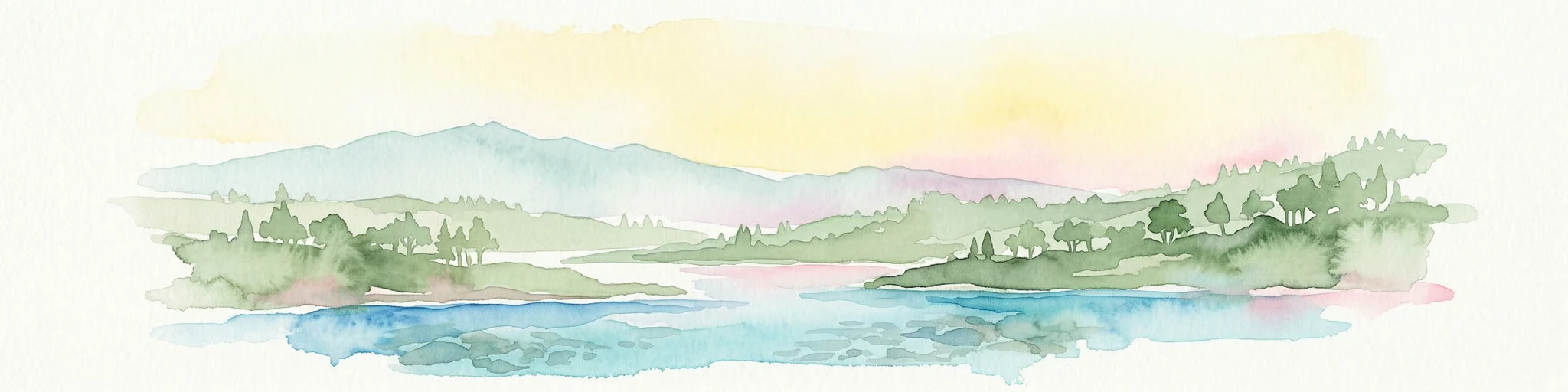 Escena de acuarela con un lago azul, árboles verdes y montañas bajo un cielo amarillo-rosado