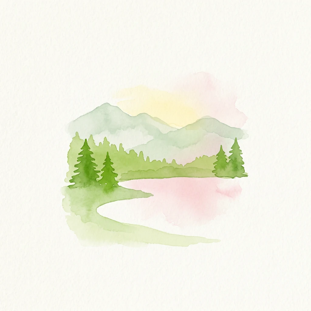 Watercolor illustration of a mountain landscape with a lake, pine trees, and a pastel-colored sky