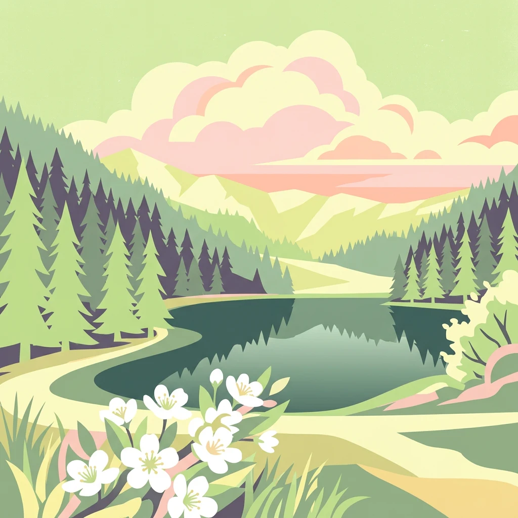 Ilustración estilizada de un lago con bosques de pinos y montañas circundantes bajo un cielo parcialmente nublado