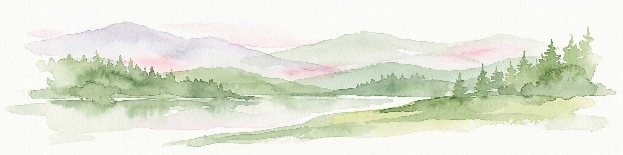 Pintura de acuarela que muestra montañas, árboles y un lago en tonos verdes y azules suaves