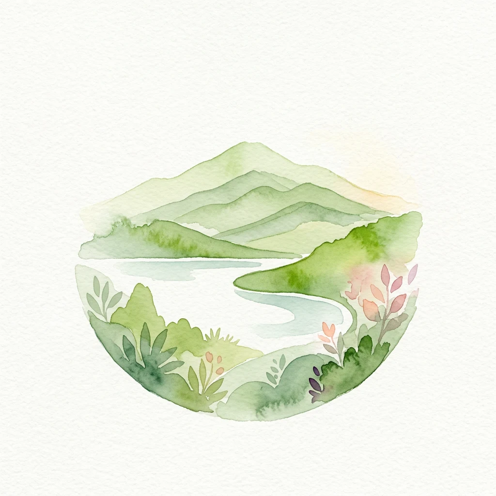 Watercolor illustration of a mountainous landscape with a lake, green hills, and various plants.