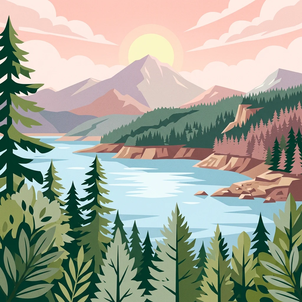 Ilustración estilizada de un lago rodeado de pinos y montañas bajo un cielo de atardecer