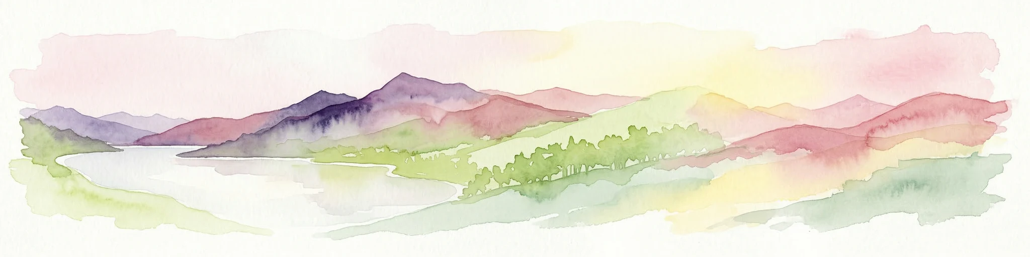 Ilustración de acuarela que muestra montañas, un embalse y un paisaje verde