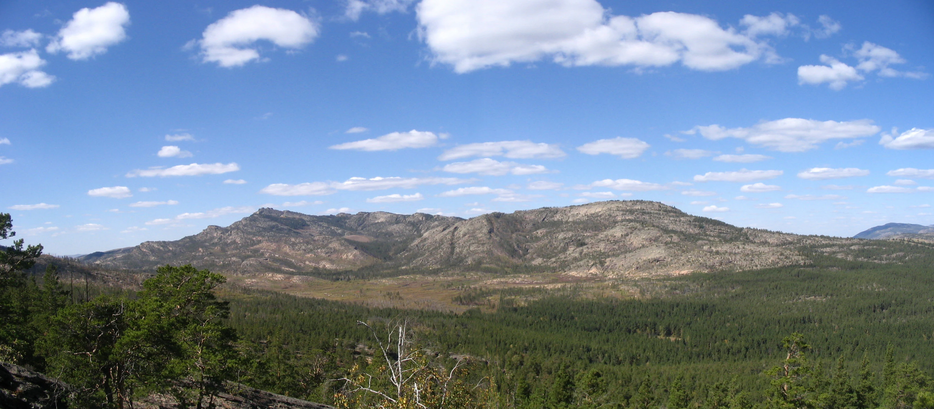 Mountain peaks and forested valleys under a blue sky with scattered clouds