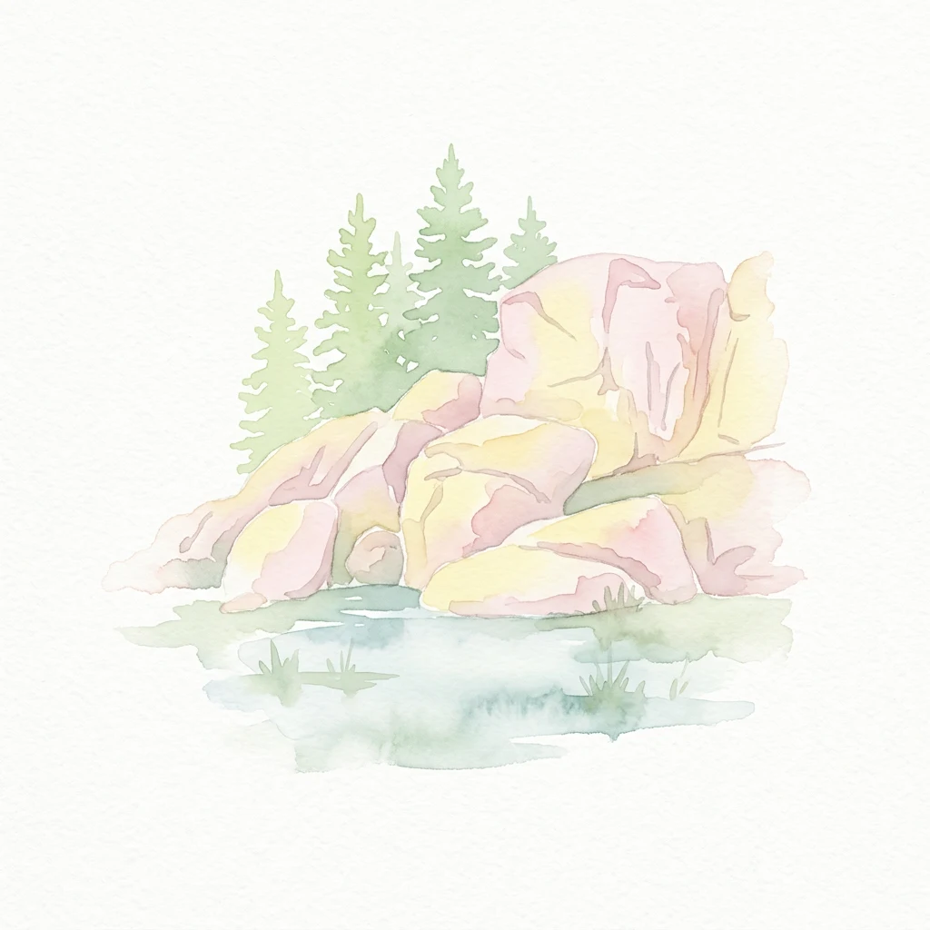 Watercolor illustration of rock formations, coniferous trees, and a small body of water.