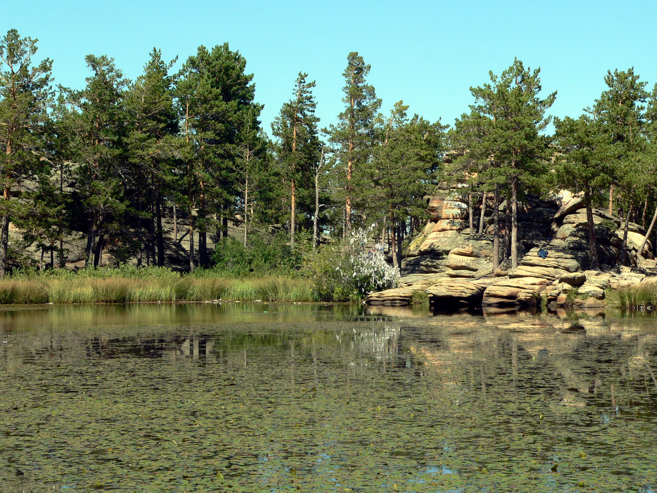 Calm lake reflecting trees and rock formations under clear blue sky