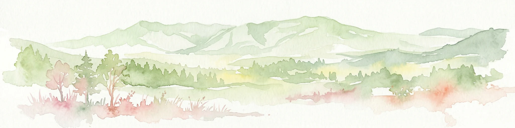 Ilustración en acuarela de un paisaje montañoso con colinas verdes, árboles y un río en primer plano
