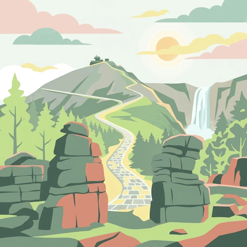 A digital illustration of a national park landscape featuring large, stacked rock formations in the foreground, a winding stone-paved trail leading up a mountain slope, a waterfall in the distance, and a sunlit sky.