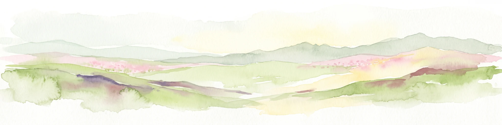 A minimalist watercolor illustration depicting rolling, layered mountain ridges in soft shades of green, yellow, and light pink against a white background.