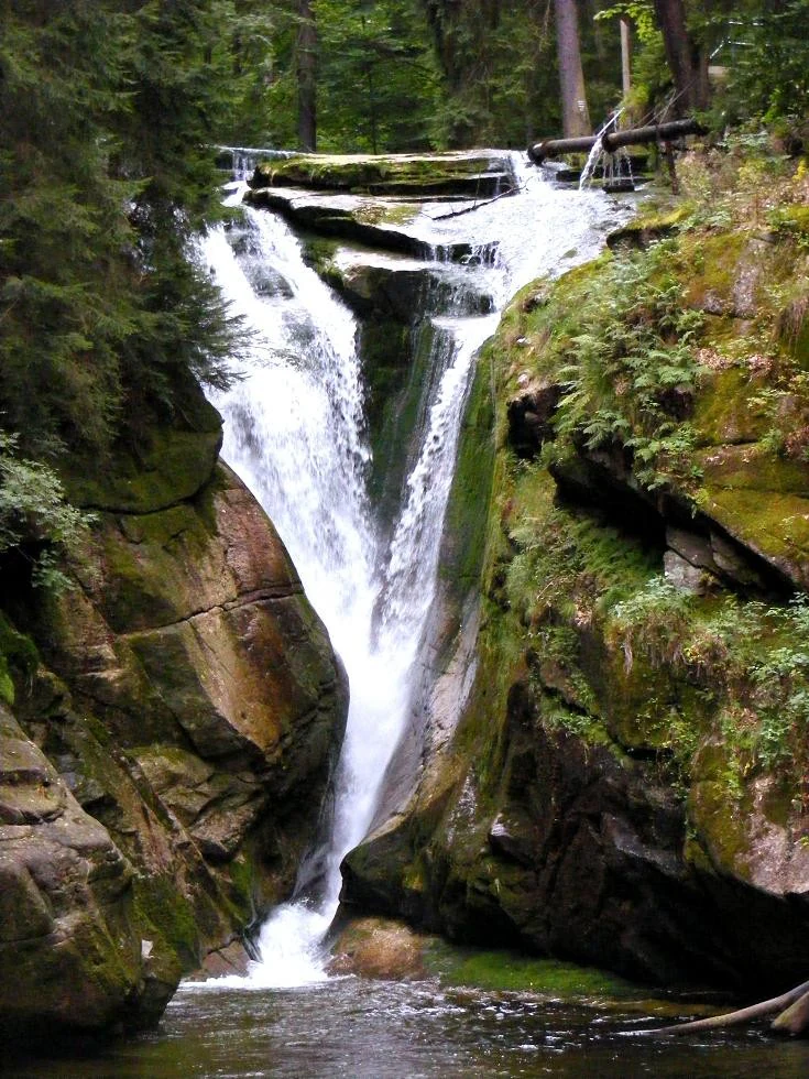 A narrow, cascading waterfall flowing down between moss-covered rock walls in a forested setting.