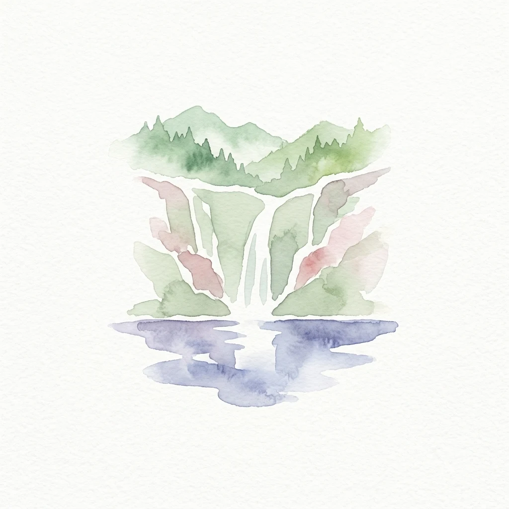 Watercolor illustration of a waterfall with mountains and reflection in water