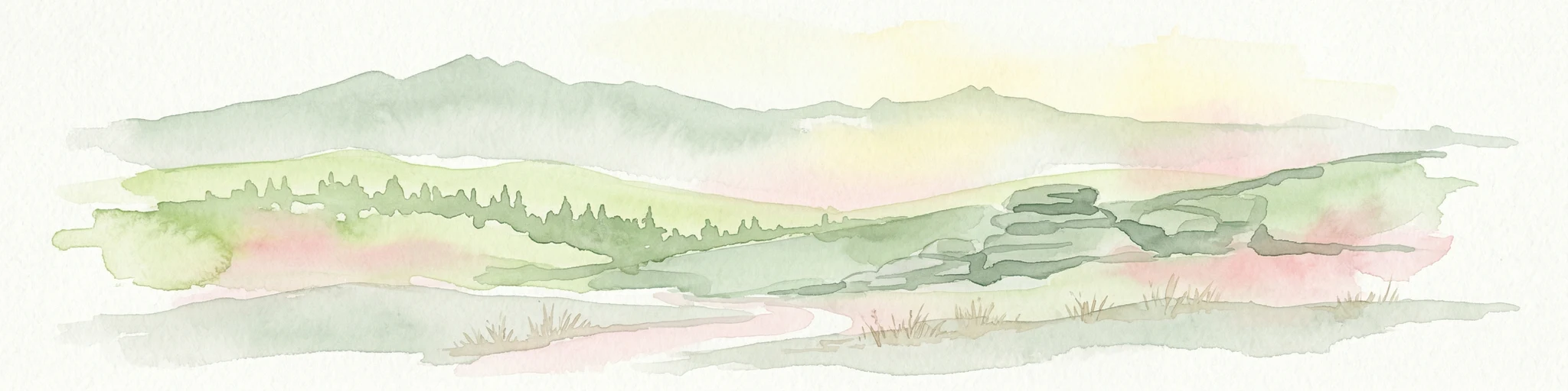 Watercolor illustration of a mountain range with green hills, pink and yellow sky, and sparse vegetation