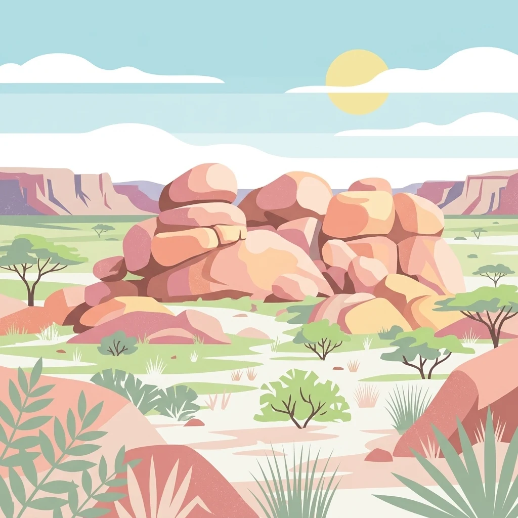 A flat vector illustration of a desert landscape featuring large, rounded pink and orange boulders in the center, sparse green acacia-like trees, and low shrubs under a sunny sky.