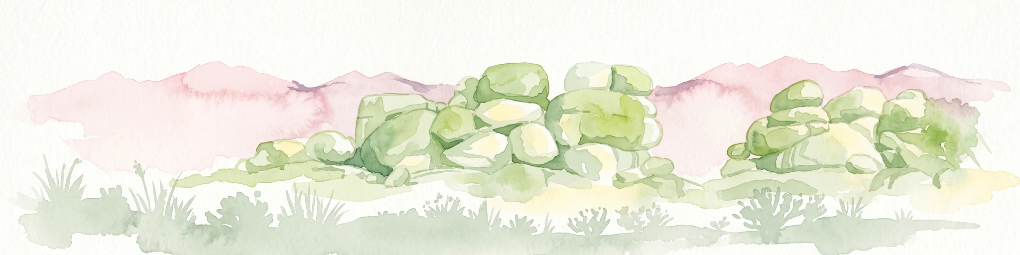 A watercolor painting of large, round granite boulders resting on a grassy plains landscape with a soft, faded pink background.