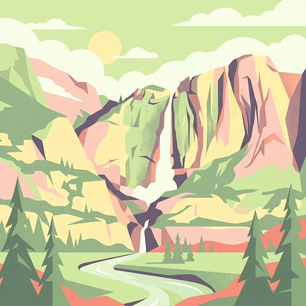 Stylized vector illustration of a mountain valley featuring a prominent waterfall flowing down cliffs into a river, surrounded by pine trees, rendered in a geometric color palette.