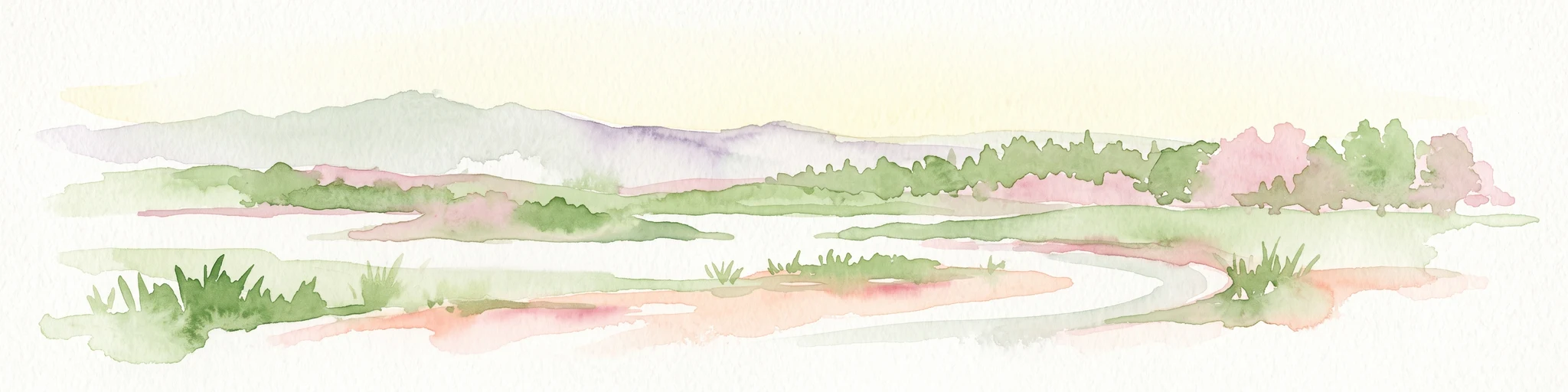 A horizontal watercolor painting depicting a marshy landscape with ponds, green vegetation, and soft distant hills against a light background.