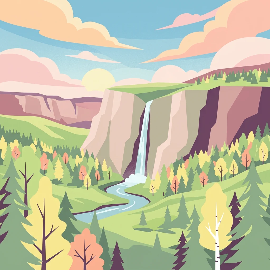 Ilustración estilizada de una cascada cayendo desde un acantilado a un río, rodeada de árboles verdes y de colores otoñales bajo un cielo parcialmente nublado