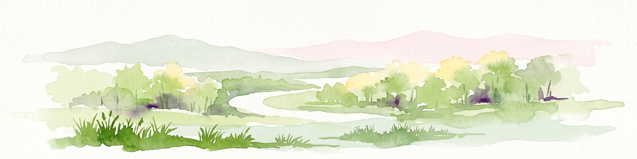 Watercolor illustration of a winding river surrounded by soft green trees and low hills under a pale sky.