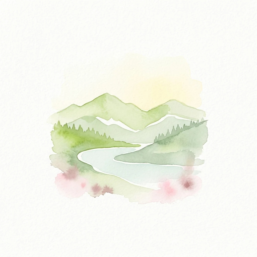 Watercolor illustration showing a mountainous landscape with a river and forested areas
