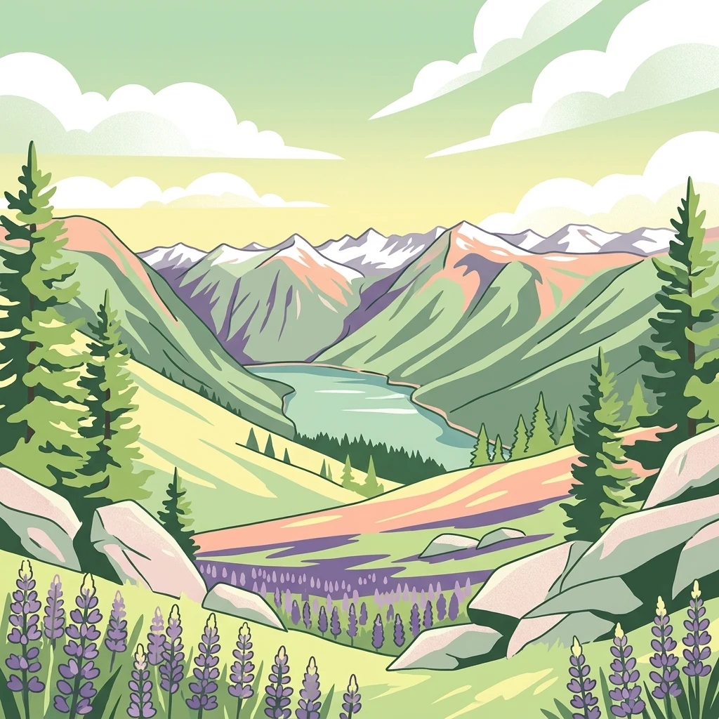 Illustration of a mountain valley with a lake, pine trees, purple wildflowers, and snow-capped peaks under a partly cloudy sky