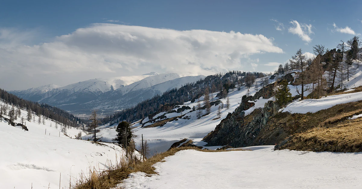 Snow-covered valley with rocky mountain slopes, scattered coniferous trees, and a partly cloudy sky