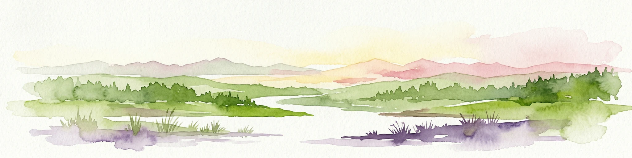 Watercolor painting of a river flowing through forested hills with mountains in the background under a sunset sky