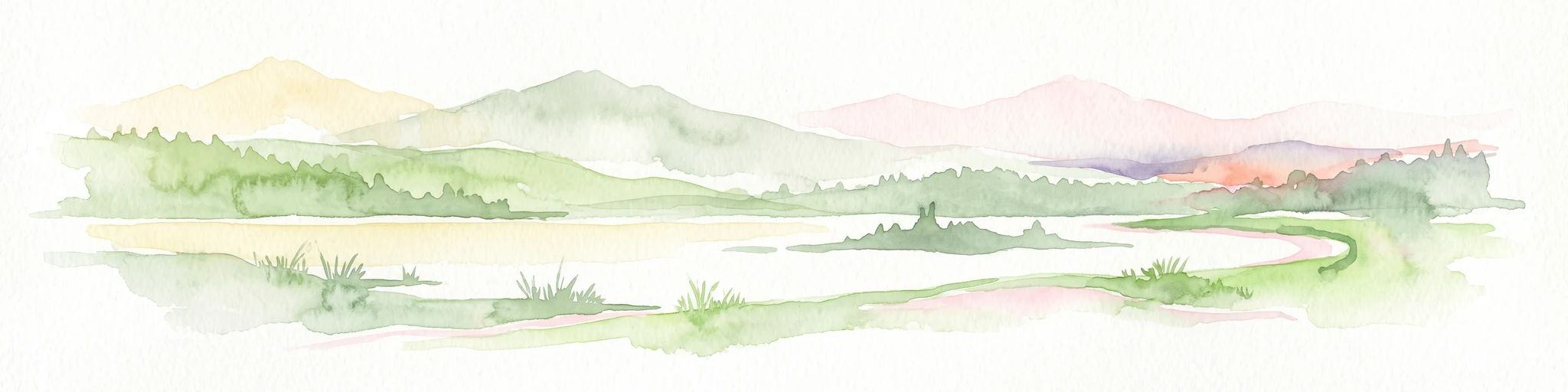 A soft watercolor painting of a serene coastal landscape with distant rolling hills, forested shorelines, and water in the foreground.