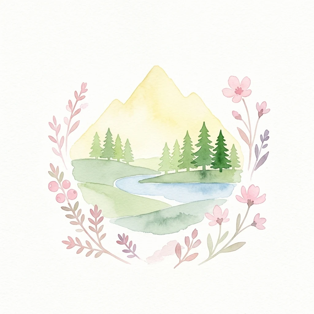 Watercolor illustration of a mountain landscape with trees, river, and floral elements arranged in a circular frame