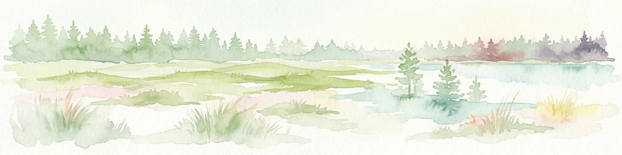 Ilustración acuarela que representa un paisaje con campos de hierba, árboles dispersos y una masa de agua